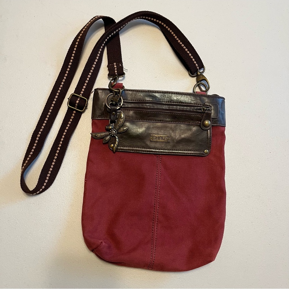 Chala Burgundy Canvas and Dark Brown Crossbody Bag